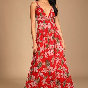 Lulus Roaming The Riviera Red Tropical Print Sleeveless Maxi Dress - Size L